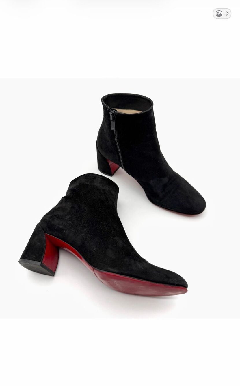 CHRISTIAN LOUBOUTIN Turela Black Ankle Boots Size 38 Booties Block Heel Suede